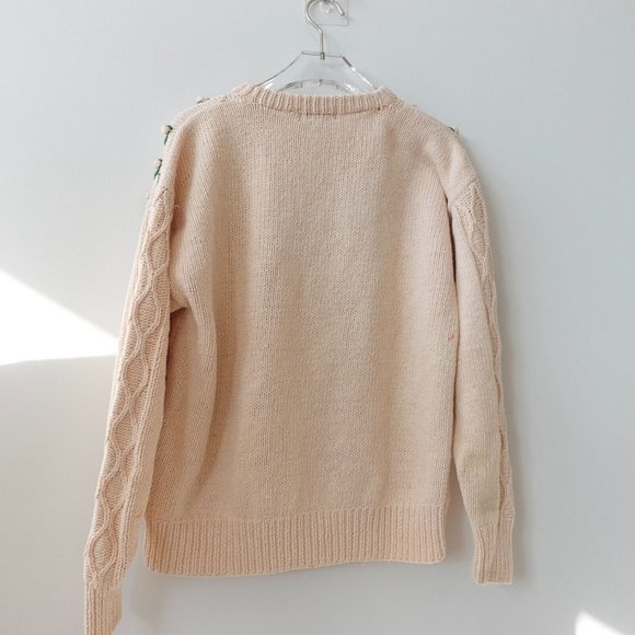 VINTAGE Orvis Sweater Medium Cream Fisherman Cable Knit Floral Grandmacore 90s - Picture 16 of 16